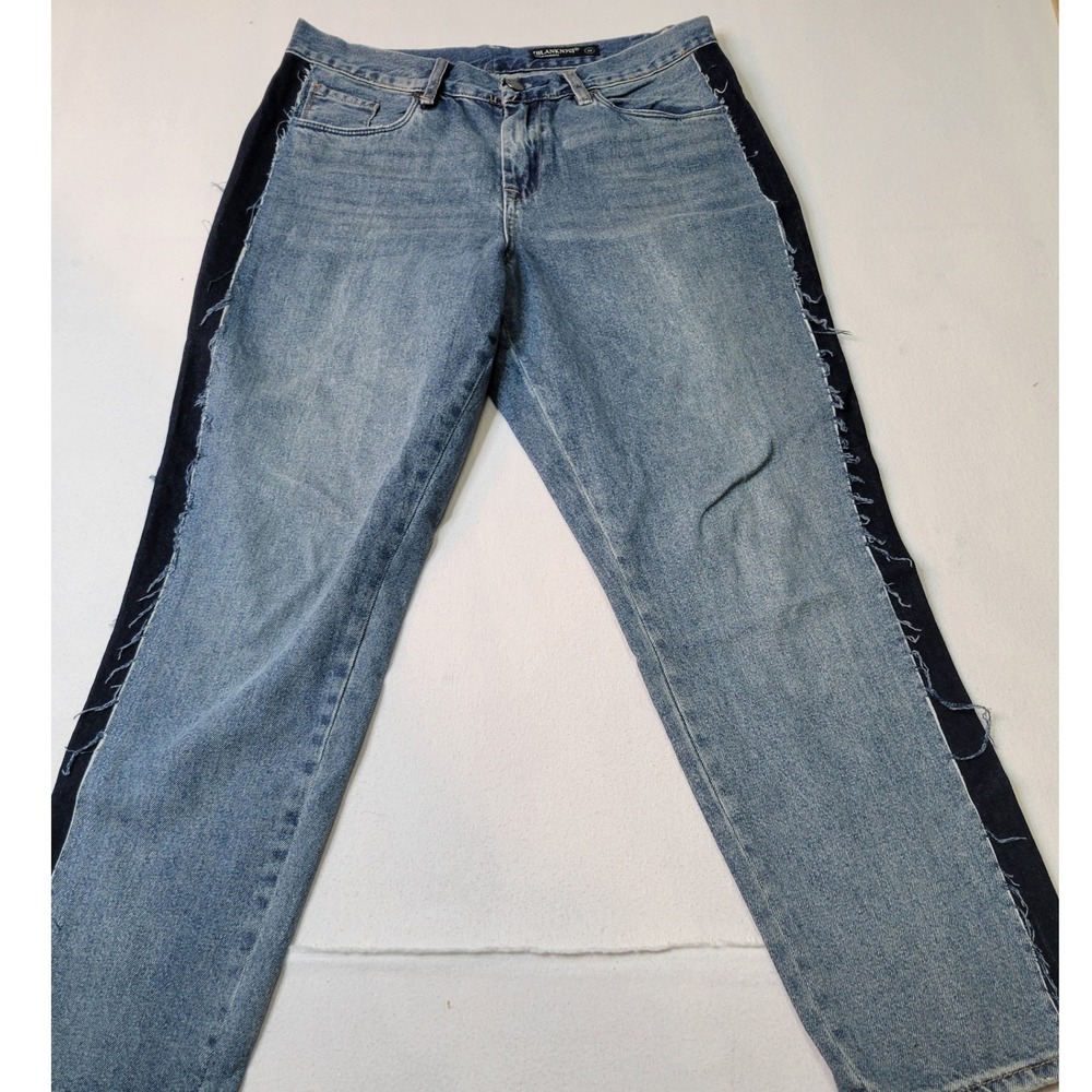 Blank NYC Two Tone Side Stripe Raw Edge Jeans Blue Denim Straight Leg Sz 30 1526